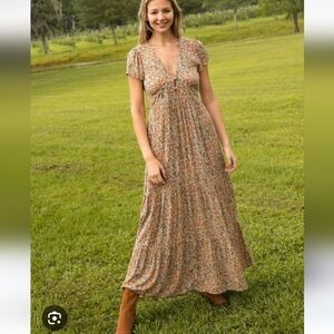 Natural Life Evangeline Tiered Maxi Dress Small Ditay Floral Orange Gray Spring